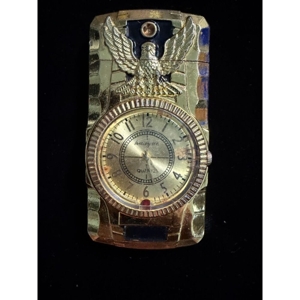 Gold Toned lighter with integrated quartz watch and eagle emblem